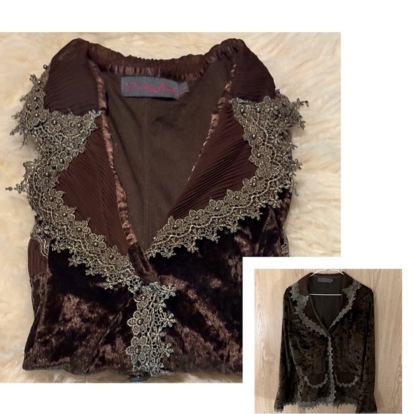 Elegant Velvet Crochet Lace Brown Jacket Button Down Blouse - Picture 1 of 7